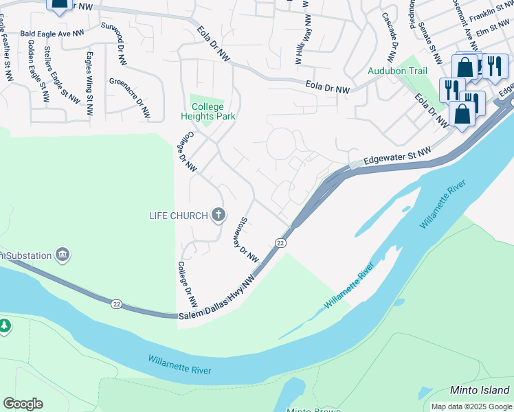 map of restaurants, bars, coffee shops, grocery stores, and more near 173 Rosewood Drive Northwest in Salem