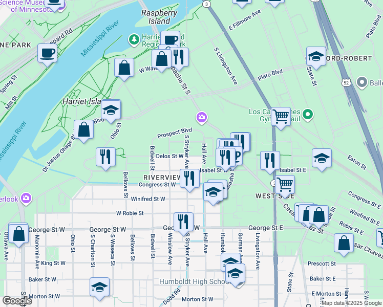 map of restaurants, bars, coffee shops, grocery stores, and more near 399 South Stryker Avenue in Saint Paul