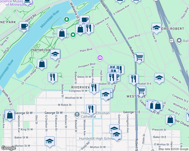 map of restaurants, bars, coffee shops, grocery stores, and more near 399 South Stryker Avenue in Saint Paul
