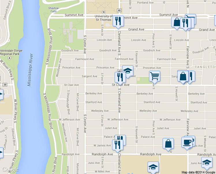 map of restaurants, bars, coffee shops, grocery stores, and more near 2096 Saint Clair Avenue in Saint Paul