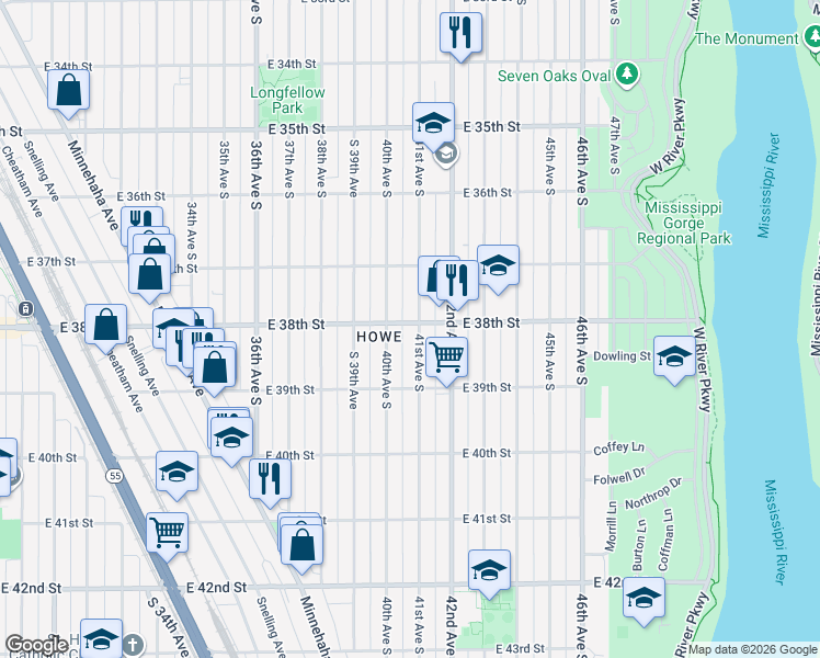 map of restaurants, bars, coffee shops, grocery stores, and more near 3804 41st Avenue South in Minneapolis