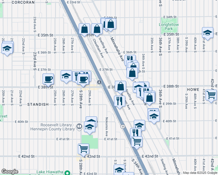 map of restaurants, bars, coffee shops, grocery stores, and more near 3025 East 38th Street in Minneapolis