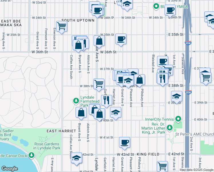 map of restaurants, bars, coffee shops, grocery stores, and more near 3801 Garfield Avenue in Minneapolis
