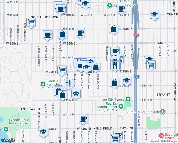 map of restaurants, bars, coffee shops, grocery stores, and more near Pleasant Ave & W 38th St in Minneapolis