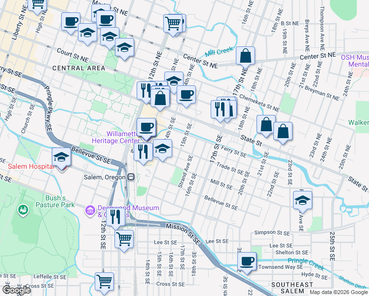 map of restaurants, bars, coffee shops, grocery stores, and more near 296 15th Street Southeast in Salem
