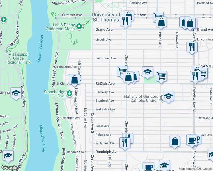map of restaurants, bars, coffee shops, grocery stores, and more near 2128 Saint Clair Avenue in Saint Paul