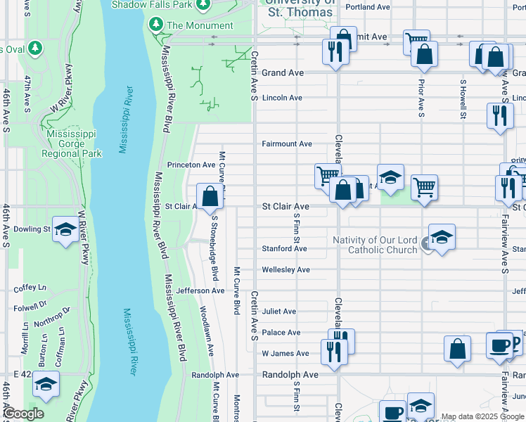 map of restaurants, bars, coffee shops, grocery stores, and more near 2170 Saint Clair Avenue in Saint Paul