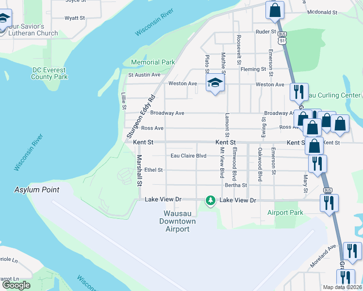 map of restaurants, bars, coffee shops, grocery stores, and more near 721 Kent St in Wausau