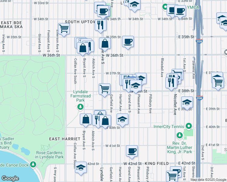 map of restaurants, bars, coffee shops, grocery stores, and more near 3801 Garfield Avenue in Minneapolis