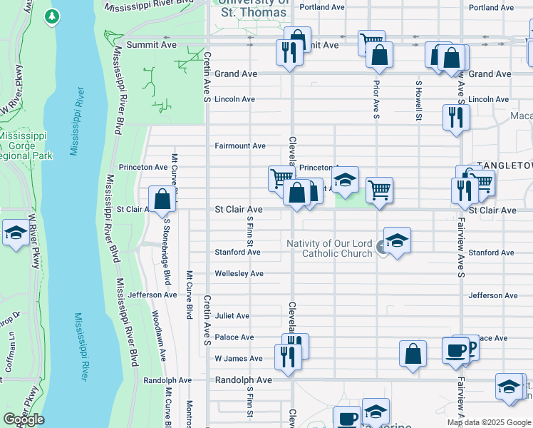 map of restaurants, bars, coffee shops, grocery stores, and more near 2096 Saint Clair Avenue in Saint Paul