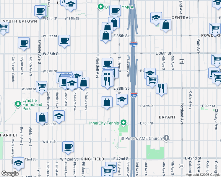 map of restaurants, bars, coffee shops, grocery stores, and more near Nicollet Ave & W 38th St in Minneapolis