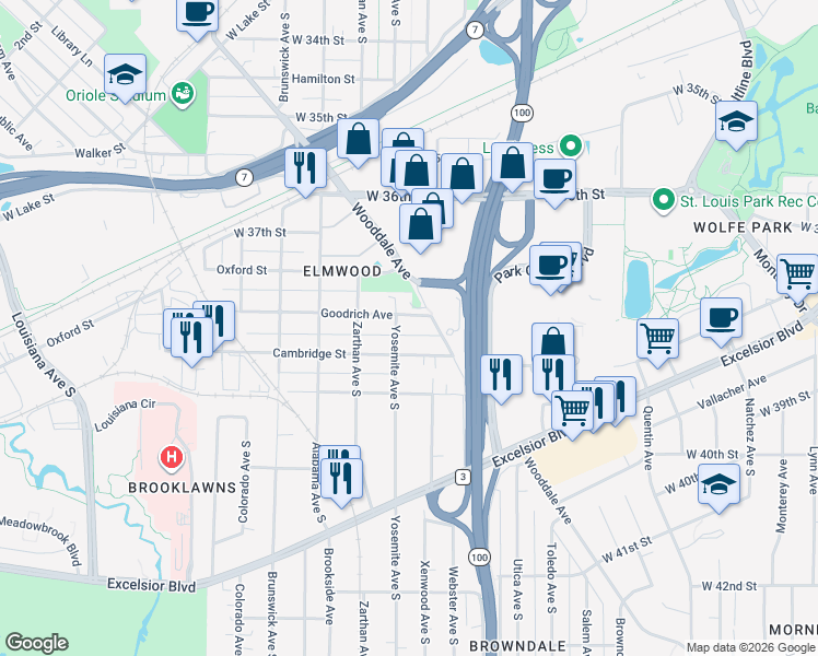 map of restaurants, bars, coffee shops, grocery stores, and more near 5719 Goodrich Avenue in Minneapolis