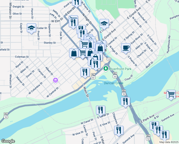 map of restaurants, bars, coffee shops, grocery stores, and more near 127 West Spring Street in Chippewa Falls
