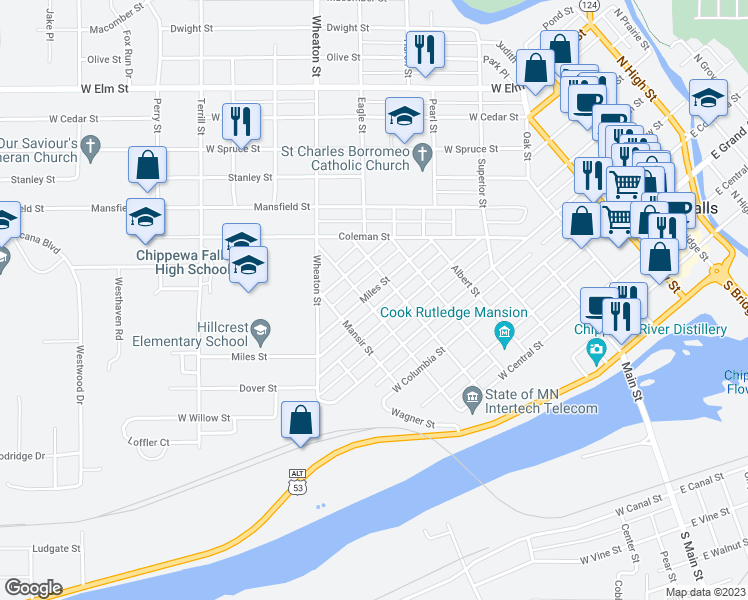 map of restaurants, bars, coffee shops, grocery stores, and more near 719 Miles Street in Chippewa Falls