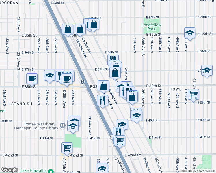 map of restaurants, bars, coffee shops, grocery stores, and more near East 38th Street & Snelling Avenue South in Minneapolis