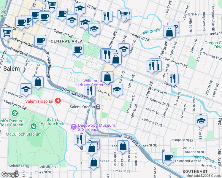 map of restaurants, bars, coffee shops, grocery stores, and more near 260 12th Street Southeast in Salem