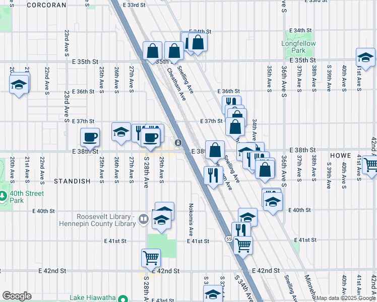 map of restaurants, bars, coffee shops, grocery stores, and more near Hiawatha Ave & E 38th St in Minneapolis