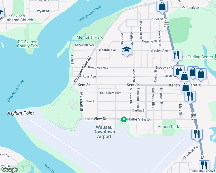 map of restaurants, bars, coffee shops, grocery stores, and more near 721 Kent Street in Wausau