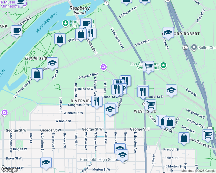 map of restaurants, bars, coffee shops, grocery stores, and more near 25 Delos Street West in Saint Paul