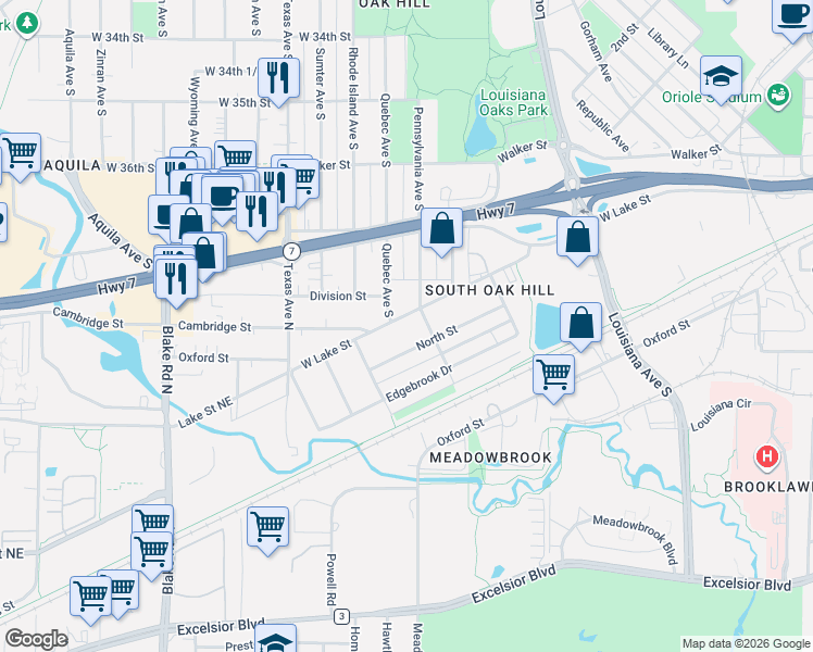 map of restaurants, bars, coffee shops, grocery stores, and more near 7701 West Lake Street in Minneapolis