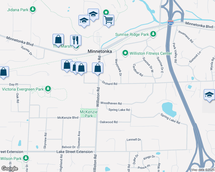 map of restaurants, bars, coffee shops, grocery stores, and more near 3809 Williston Road in Minnetonka