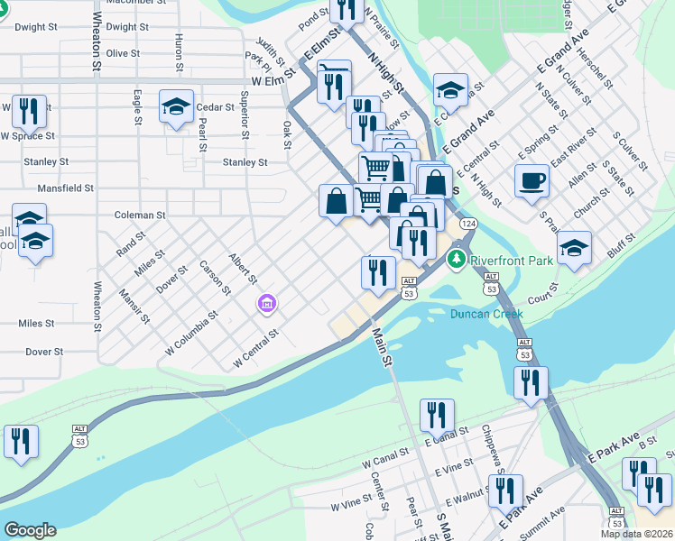 map of restaurants, bars, coffee shops, grocery stores, and more near 234 West Central Street in Chippewa Falls