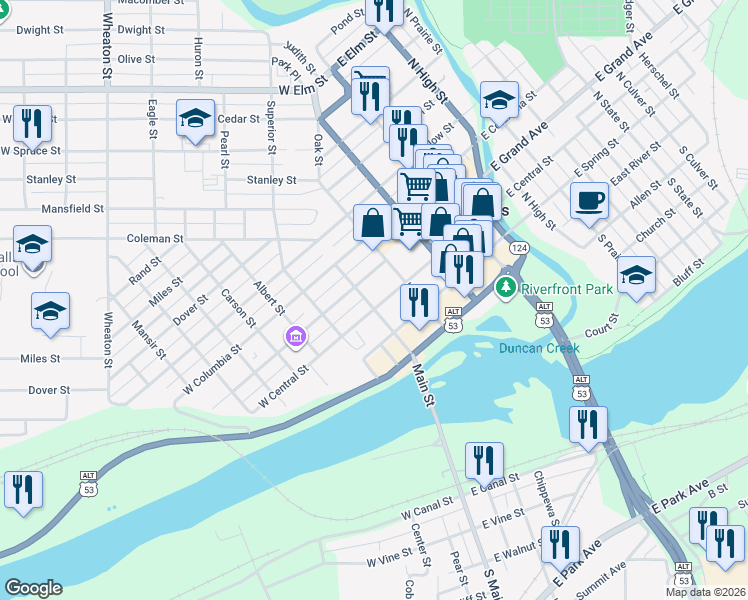 map of restaurants, bars, coffee shops, grocery stores, and more near 234 West Central Street in Chippewa Falls