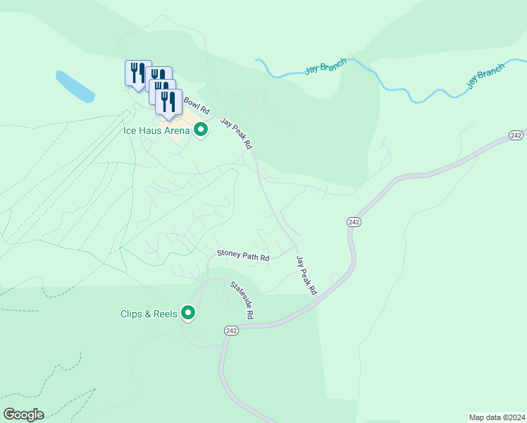 map of restaurants, bars, coffee shops, grocery stores, and more near 319 Jay Peak Road in Jay