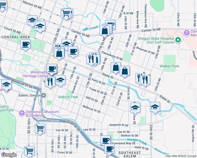 map of restaurants, bars, coffee shops, grocery stores, and more near 1811 Ferry Street Southeast in Salem
