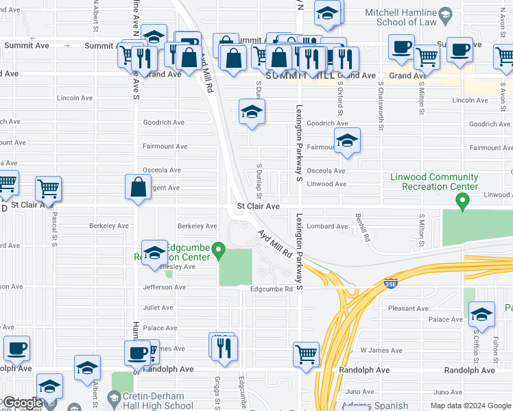 map of restaurants, bars, coffee shops, grocery stores, and more near 1164 Saint Clair Avenue in Saint Paul