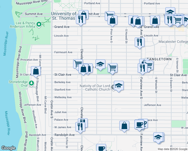map of restaurants, bars, coffee shops, grocery stores, and more near 2020 Saint Clair Avenue in Saint Paul