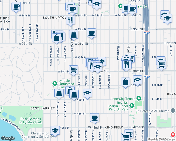 map of restaurants, bars, coffee shops, grocery stores, and more near in Minneapolis