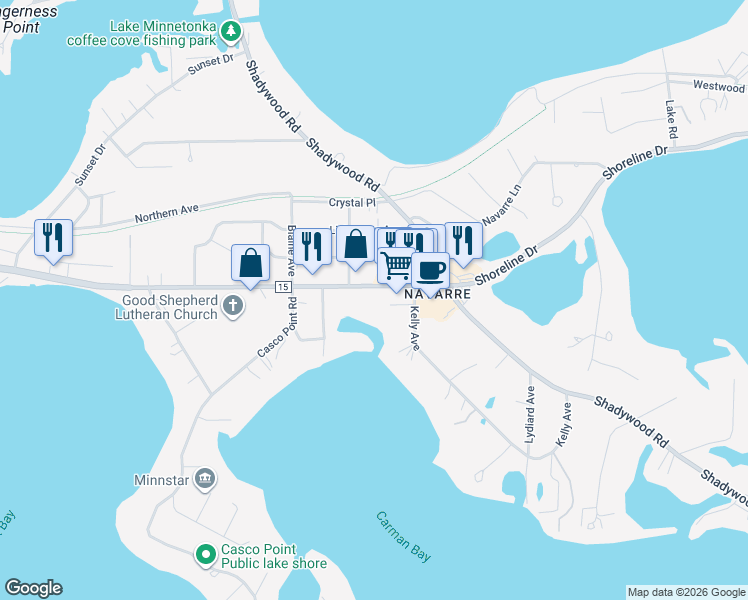 map of restaurants, bars, coffee shops, grocery stores, and more near 3421 Shoreline Drive in Wayzata