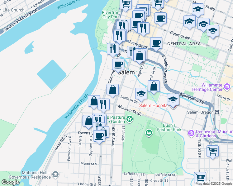 map of restaurants, bars, coffee shops, grocery stores, and more near 595 Liberty Street Southeast in Salem