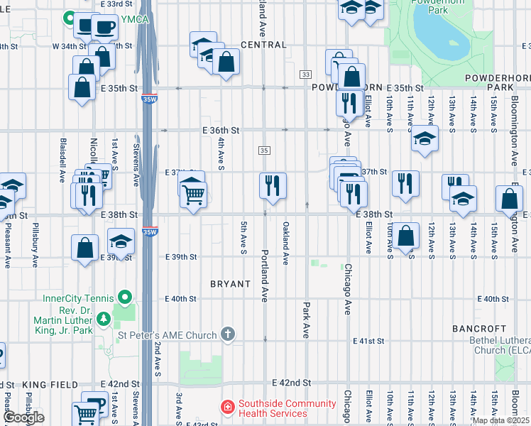 map of restaurants, bars, coffee shops, grocery stores, and more near Portland Avenue in Minneapolis
