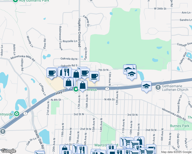 map of restaurants, bars, coffee shops, grocery stores, and more near 79 15th Avenue North in Hopkins