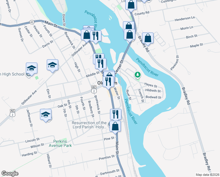 map of restaurants, bars, coffee shops, grocery stores, and more near in Old Town