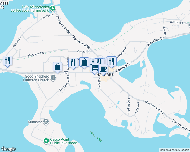 map of restaurants, bars, coffee shops, grocery stores, and more near 3421 Shoreline Drive in Wayzata