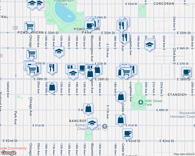 map of restaurants, bars, coffee shops, grocery stores, and more near 1534 East 38th Street in Minneapolis