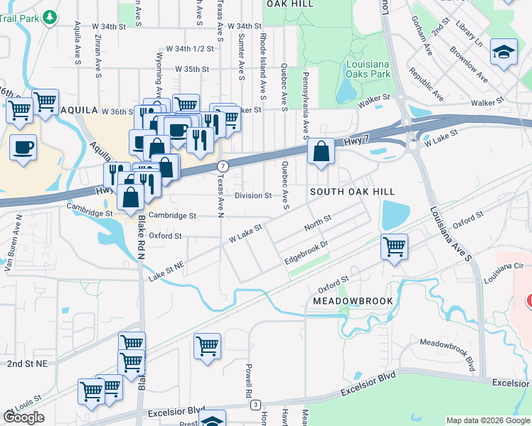 map of restaurants, bars, coffee shops, grocery stores, and more near 7726 West Lake Street in St. Louis Park