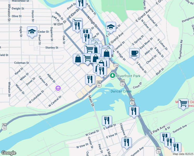 map of restaurants, bars, coffee shops, grocery stores, and more near 127 West Spring Street in Chippewa Falls