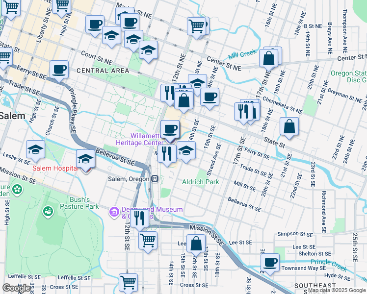 map of restaurants, bars, coffee shops, grocery stores, and more near 1425 Trade Street Southeast in Salem
