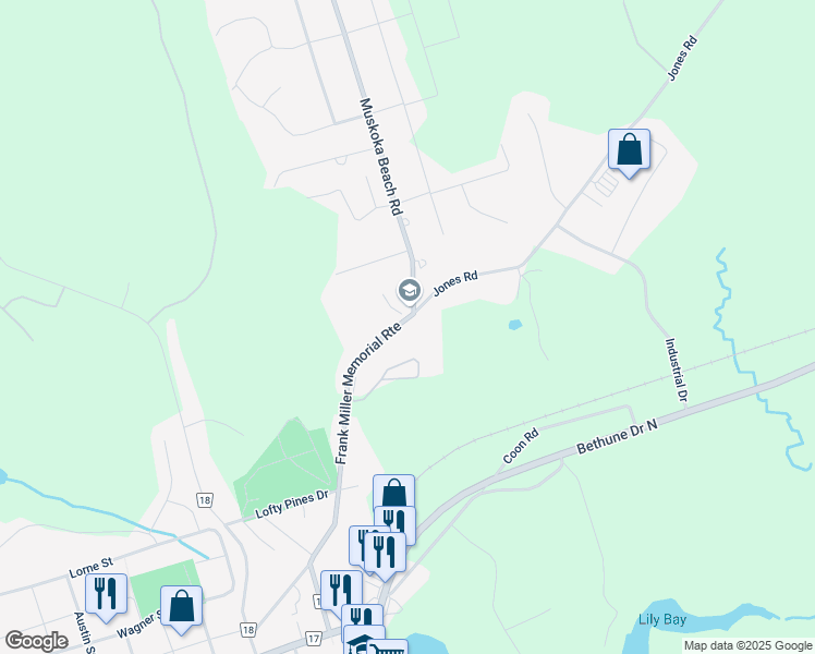 map of restaurants, bars, coffee shops, grocery stores, and more near 490 Muskoka Beach Road in Gravenhurst