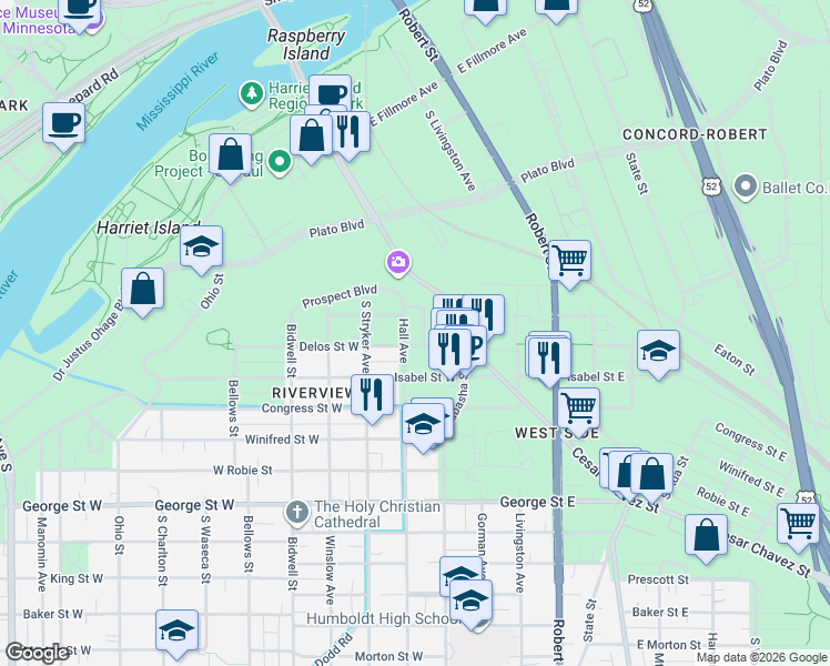 map of restaurants, bars, coffee shops, grocery stores, and more near 395 Hall Avenue in Saint Paul