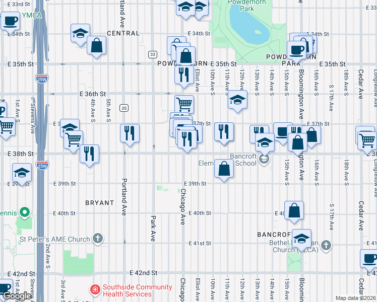 map of restaurants, bars, coffee shops, grocery stores, and more near 732 East 38th Street in Minneapolis