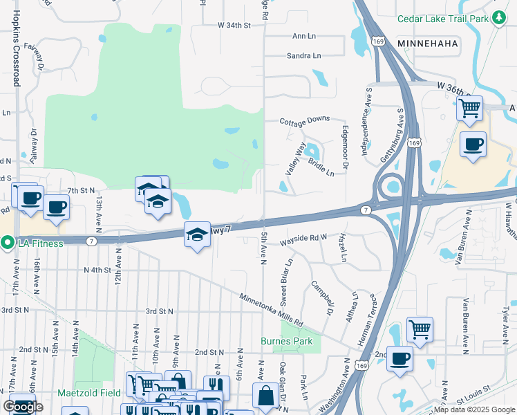 map of restaurants, bars, coffee shops, grocery stores, and more near 640 Oak Ridge Road in Hopkins