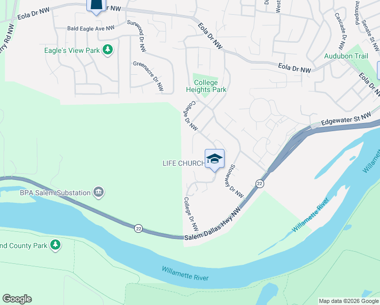 map of restaurants, bars, coffee shops, grocery stores, and more near 211 Turnage Street Northwest in Salem
