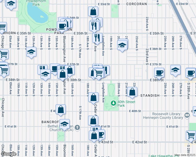 map of restaurants, bars, coffee shops, grocery stores, and more near in Minneapolis