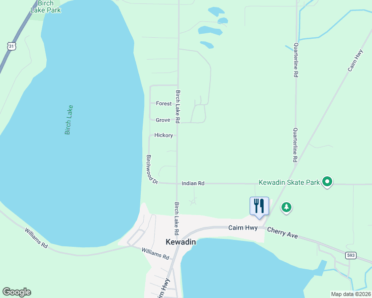 map of restaurants, bars, coffee shops, grocery stores, and more near 6775 Birch Lake Road in Kewadin