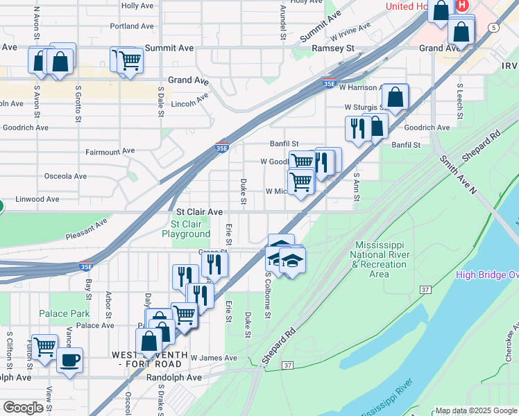 map of restaurants, bars, coffee shops, grocery stores, and more near 475 Saint Clair Avenue in Saint Paul